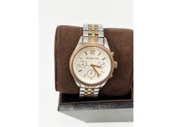(J-25) PREOWNED LADIES MICHAEL KORS WATCH-WHITE/GOLD TONED-MK-6131-IN ORIGINAL CASE-NEEDS BATTERY