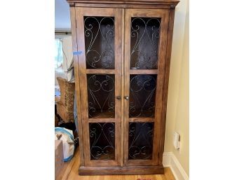 PRETTY VINTAGE SOLID WOOD CABINET WITH SHELVES & IRON GRATES. 69' TALL BY 38' WIDE BY 18' DEEP