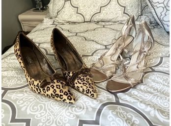 (U-B14) TWO PAIR SIZE 11 EVENING SHOES - LEOPARD PUMP & SILVER RHINESTONE STRAPY