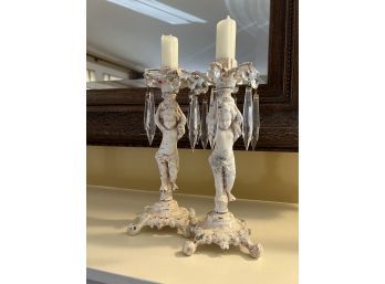 PAIR OF WHITE CAST IRON ANGEL CANDLE STICKS - 13' - MISSING TWO CRYSTALS