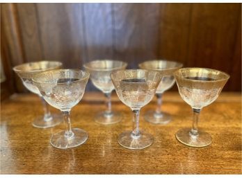 (D-6) SIX ANTIQUE ETCHED GLASS WINE GLASSES WITH WIDE GOLD BORDER - 4'