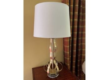 PAIR GOLD WAVY METAL TABLE LAMPS WITH WHITE SHADES - 27' TALL BY 12' WIDE SHADE