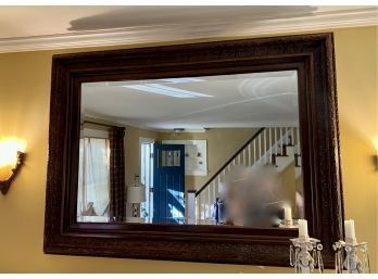 CARVED BROWN WOOD WALL MIRROR WITH BEVELED GLASS & GOLD ACCENTS - 45' BY 33.5'