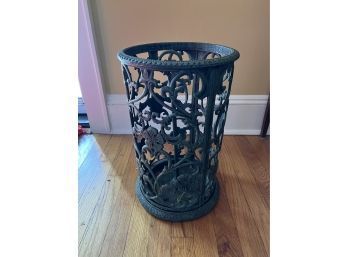 GREEN CAST IRON UMBRELLA STAND WITH FLORAL DESIGN - 16.5' HIGH BY 10.5' WIDE
