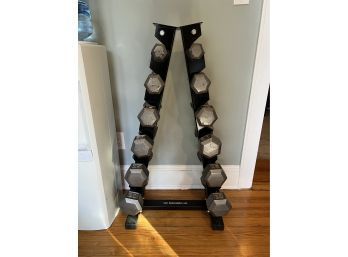 SET OF FREE WEIGHTS WITH RACK - TWO OF EACH, 5LB. - 30LB. - HUDSON STEEL CO.