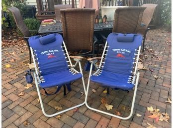 TWO TOMMY BAHAMA 'RELAX' BLUE RECLINING BEACH CHAIRS - CLIPS TOGETHER WITH PILLOW