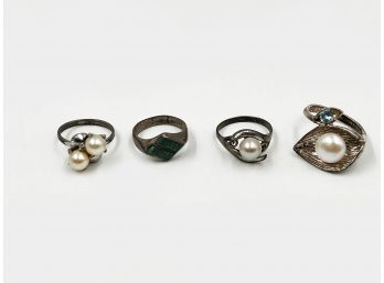 (J-41) LOT OF 4 VINTAGE/MCM STERLING SILVER RINGS SOME W/PEARLS-SIZES 7-7-6 12 & 9-11.3 DWT