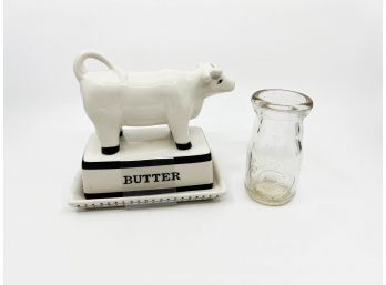 (B-3) 'FARMYARD COLLECTION' COW BUTTER DISH & SMALL MILK BOTTLE