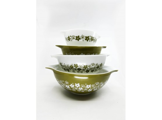 (A-48) VINTAGE PYREX GREEN & WHITE 'SPRING BLOSSOM' COMPLETE STACK OF FOUR MIXING BOWLS- EXCELLENT CONDITION