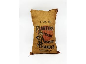 (A-75) VINTAGE 'PLANTERS PEANUTS' STUFFED BURLAP SACK - PILLOW, NEEDS SOME TLC - 18' BY 12'