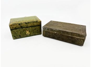 (A-25) TWO ANTIQUE BOXES - LINED LEATHER BOX WITH KEY & ASIAN BRASS WITH DESIGNS - LID NEEDS REPAIR