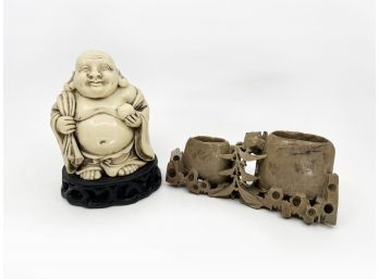 (A-9) VINTAGE ASIAN COMPOSITE SMILING BUDDHA STATUE ON BLACK BASE, 6' & SOAP STONE DOUBLE CARVED VASE -5' LONG