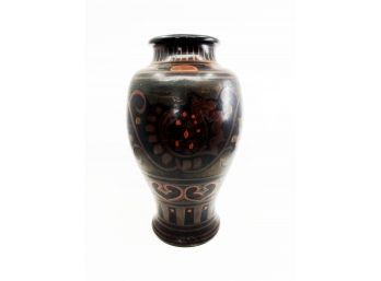 (A-65) VINTAGE DECORATED PAINTED BLACK CERAMIC VASE MADE IN JAPAN, CIRCA 1950 - 13'