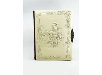 (A-64) ANTIQUE CELLULOID CABINET CARD ALBUM - BEAUTIFUL MAIDENS WITH CHERUB- APPROX 6 PHOTOS INSIDE- 12' BY 9'