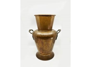 (A-89) ANTIQUE COPPER URN / TOPIARY WITH TWO FIGURAL HANDLES - DENT ON BASE, SEE PICS - 18' BY 13'