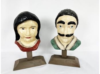 (A-111) PAIR OF FOLK ART SCULPTURES - MADE IN PHILIPPINES - MAN & WOMAN BUSTS - WOOD, PAPER MACHE -18'