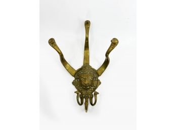(A-57) VINTAGE HEAVY BRASS / BRONZE ANGRY LION FACE TRIPLE WALL HOOK - COAT HOOK - 12' BY 8'