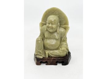 (A-11) LOVELY VINTAGE SMILING CARVED JADE BUDDHA STATUE - 6' TALL - PEOPLES REPUBLIC OF CHINA