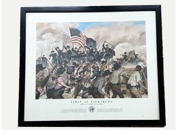 VINTAGE COLOR LITHO-'FIRST AT VICKSBURG-FRAMED AND UNDER GLASS APPROX. 21 3/4' X 25 1/2'