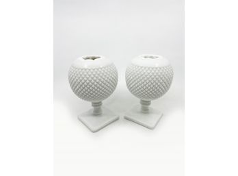 (A-30) PAIR OF TWO VINTAGE 'WESTMORELAND' MILK GLASS ROSE VASES WITH DIAMOND CUT HOBNAIL PATTERN -7'