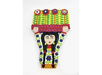 (A-54) VINTAGE ECUADORIAN FOLK ART WOMAN WITH BASKET OF FLOWERS ON HER HEAD BY 'TALLER GUAYASAMIN' -WOOD -13'