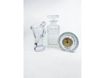 (A-41) 'ART VANNES, FRANCE' HEAVY GLASS VASE, STUDIO NOVA GLASS TABLETOP CLOCK & CRYSTAL LIQUOR DECANTER