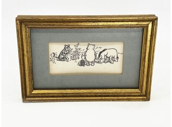 (A-28) ADORABLE VINTAGE 'WINNIE THE POOH' HAND DRAWN PEN & INK FRAMED MINIATURE ART - MCM - PIGLET - 6' BY 4'