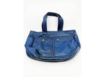 (A-82) MARC JACOBS BLUE LEATHER HANDBAG WITH POCKETS, PINK TOP STITCHING & INTERIOR - 19' BY 12'