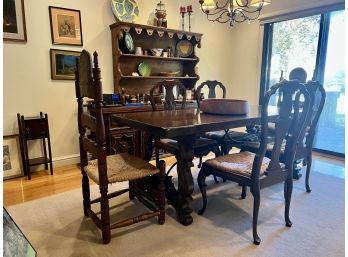 HEAVY VINTAGE WOOD & IRON BASE DINING TABLE, SIX CHAIRS & TWO PIECE HUTCH - GREAT DETAIL