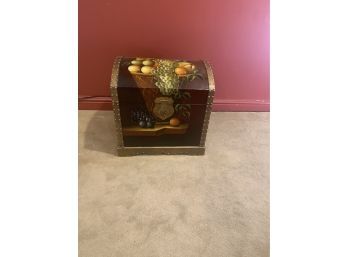 (U-4) PAINTED WOOD STORAGE TRUNK  - PAINTED WITH FRUIT & NAILHEAD DECORATION - 19' BY 16'