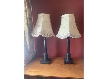 (U-6) PAIR METAL BASE LAMPS WITH IVORY FLORAL APPLIQUE SHADE -25' HIGH , 12' WIDE
