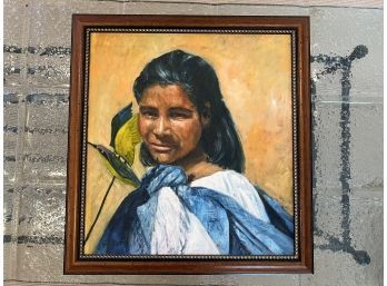 ORIGINAL OIL PAINTING PORTRAIT BY GENNY CLARO, CHILE - SMILING GIRL WITH HUMMINGBIRD - 20' BY 21'