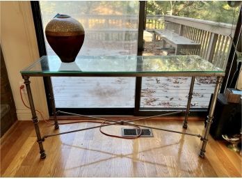 MODERNIST IRON & GLASS CONSOLE TABLE - 50' WIDE BY 17' DEEP BY 27' HIGH