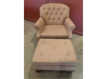 (UP) VINTAGE STRIPED UPHOLSTERED ARMCHAIR WITH OTTOMAN