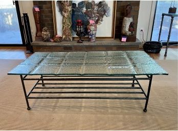 GORGEOUS POST MODERN IRON & GLASS COFFEE TABLE - HEAVY, QUALITY PIECE - 48' WIDE BY 24' DEEP BY 16' HIGH