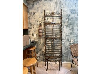 VINTAGE PETITE IRON BAKER'S RACK - THREE SHELVES, SCROLL & WHEAT DESIGN - 77' HIGH BY 24' WIDE BY  11' DEEP