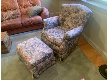 (U-11) PAIR OF MATCHING WING CHAIRS WITH BIG FLORAL PATTERN UPHOLSTERY & MATCHING OTTOMAN -