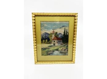 (AR-2) VINTAGE FRAMED NEEDLEPOINT EUROPEAN LANDSCAPE WITH MOUNTAINS - 10' BY 12'