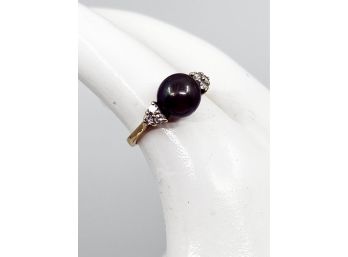 (G-19) VINTAGE 14 KT YELLOW GOLD RING - WITH DIAMONDS AND BLACK PEARL - SIZE 6 12-WEIGHT 2 DWT