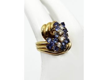 (G-11) VINTAGE 14 KT GOLD LADIES RING W/DIAMOND AND TANZANITE? STONES - SIZE 6 1/2 - WEIGHT 7.66 DWT