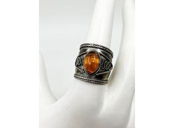 (J-4) VINTAGE/MCM STERLING SILVER AND AMBER STONE-NOT MARKED BUT TESTED SILVER-SIZE 7-2.96 DWT