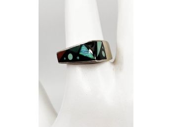 (J-9) VINTAGE SOUTWESTERN STYLE STERLING SILVER AND MULTIPLE STONE DESIGN RING-SIZE 7 1/2- WEIGHT 4.1 DWT