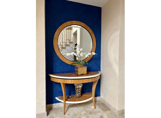 VINTAGE ZEBRA WOOD DEMILUNE CONSOLE TABLE WITH CURVED LEGS & MATCHING ROUND MIRROR - ATTACHED ENTRY TABLE
