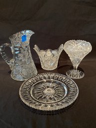 Lot Of 4 Cut Crystal Glass Vase, Plate
