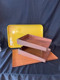 Mid Century Desk Top Shelf ,Yellow Tray , Wood Tray