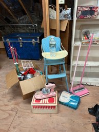 Lot Metal Sweepers, Hi Chair, Box Vintage Play Pots Pans Etc.
