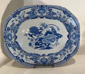 Large Blue & White Patent Ironstone Transferware Floral & Bird Platter