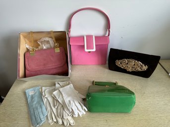 Lot Of Vintage Pink, Green  HandBags, Purses Nettie Rosenstein & Gloves