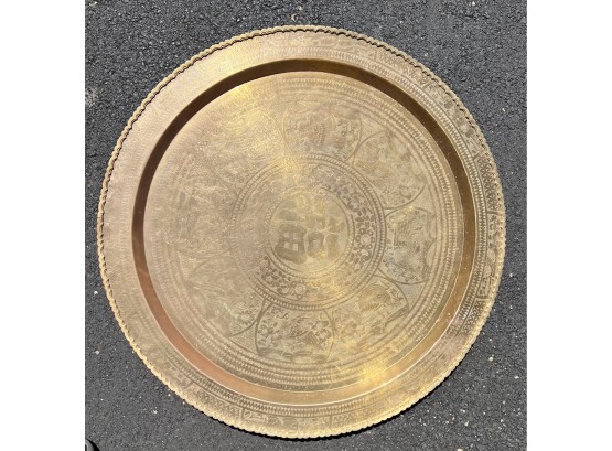 Chinese Large Round Brass Engraved Etched Table Top Wall Hanging Charger