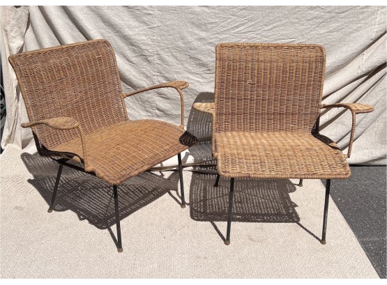 Pair (2)Mid Century Vintage Salterini  Tempestini? (Style) Wrought Iron Rush Seat Patio Chairs